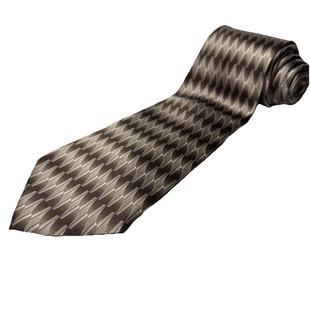 Via Europa Mens Silk Tie Abstract Geometric Wavy Pattern Taupe Bronze Gold Brown